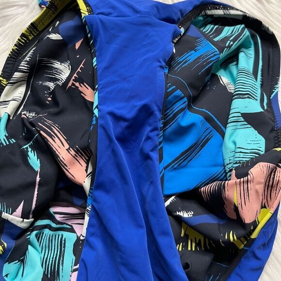80's Geometric Keyhole One Piece Bathing Suit Blue & Purple Size Medium - Picture 4 of 5
